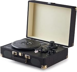 Amazon Basics Portable Suitcase Vinyl Turntable Record Player with Built-in Stereo Speaker